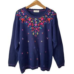 Alice Collins Vintage Multicolor Floral Cottagecore Embroidered Sweater M